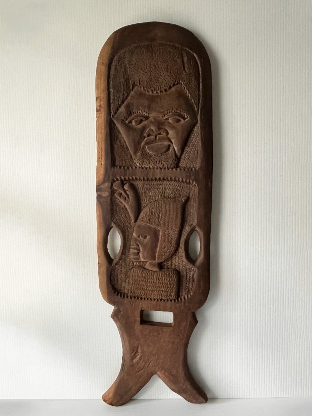 Vtg Hand Carved Wooden African Birthing Chair Back Parents Motif Wall Plaque 33"